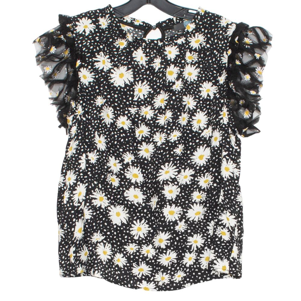 Eva Franco Womens Top Floral Short Sleeve Black White Yellow Size Medium DY